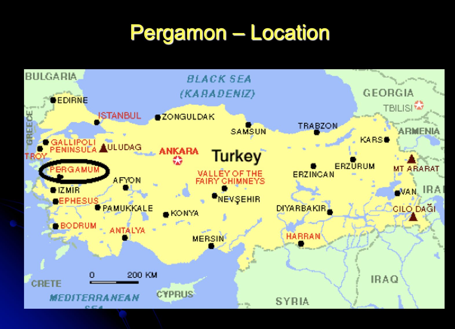 Map of Turkey showing the location of Pergamon — also rendered Pergamum and Pergamos.